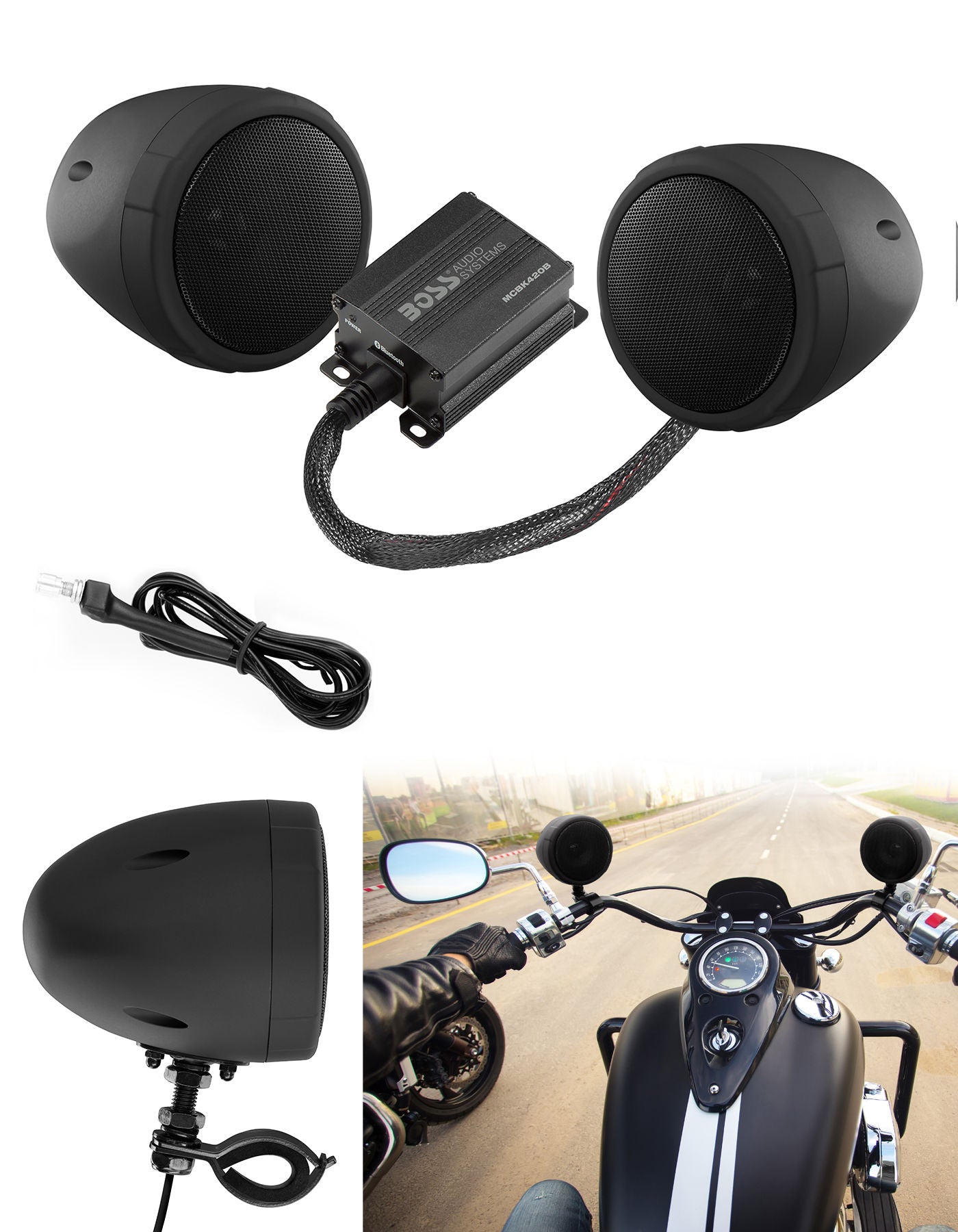 Boss MCBK420B - Black 600 watt Motorcycle/ATV Sound System with Bluetooth Audio Streaming, One pair of 3" Weather Proof Speakers, Aux Input and Volume Control
