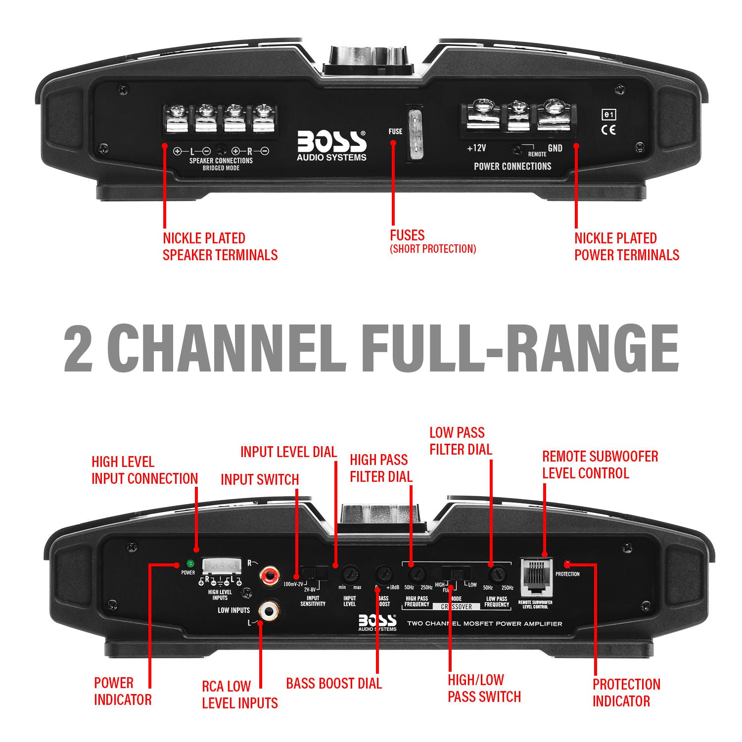 Boss PT1000 - Phantom MODEL 1000W High Output 2 Channel Full Range, Class A/B Amplifier Dim:9.5"L 10.31"W 2.25"H